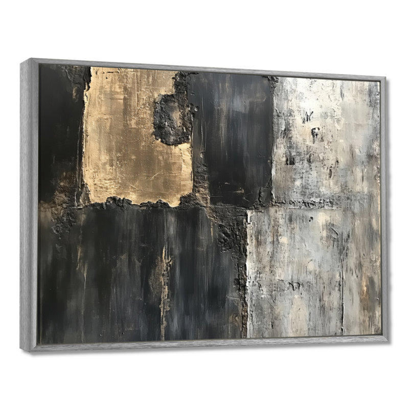 «Slab Collage», art mural abstrait gris et noir, Clarkvale, H 30 po x l 40 po, Encadrement argenté