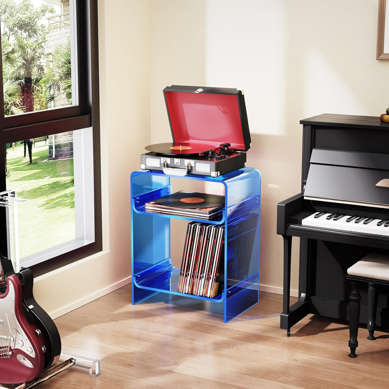 Acrylic Record Player Table with Storage Shelf, Clear Side Table Nightstand (Blue), Blue, 22.8" H x 17.7" W x 11.8" D