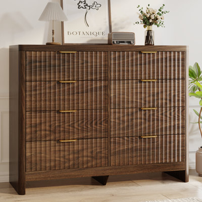 Fluted 8-Drawer Dresser for Bedroom, 47.2" W Modern Chest of Drawers With Deep Drawer, Wooden TV Stand & Storage Cabinet for Living Room, Walnut