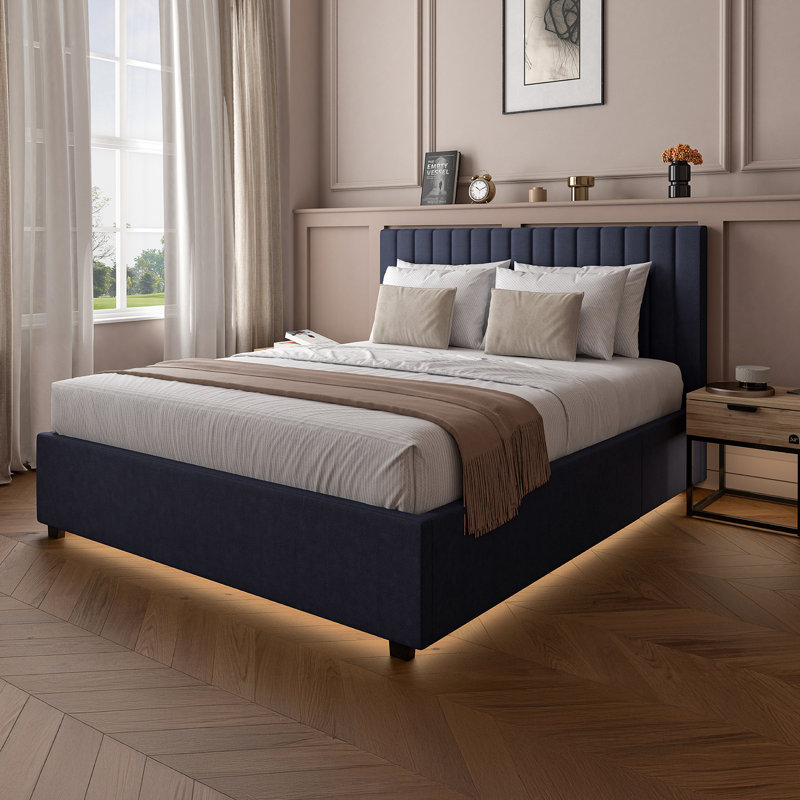 XR Living Maisie Fabric Ottoman Bed with LED Lighting, Navy, Kingsize (5')