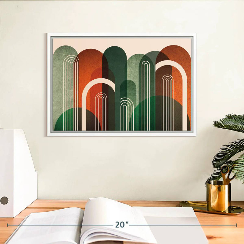 Arches du milieu du siècle, orange, vert, 13 po x 9 po, Cadre flottant blanc