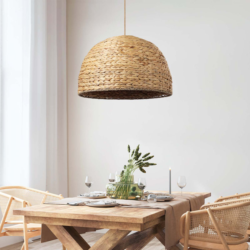 Althea Rattan Pendant Light - Natural Dome 1-Light Polished Handwoven Adjustable Light Fixture For Kitchen Island, Kitchen, Dining Room, Living Room, Bedroom, Hallway or Covered Patio in Modern, Farmhouse & Boho Style
