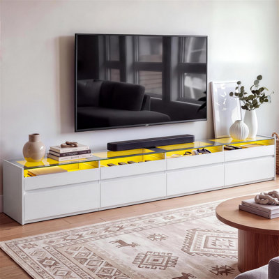 Meuble télé moderne de 240 cm (94,5 po) avec éclairage DEL, centre multimédia avec 8 tiroirs pour téléviseur jusqu'à 254 cm (100 po)