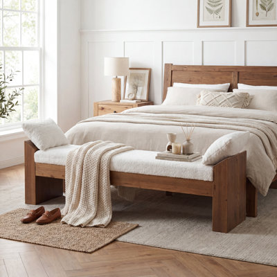 63" Solid Wood Bed Bench With Plush Lambswool Cushion, Modern Farmhouse Upholstered Bench With Removable Pillows For Bedroom, Entryway & Living Room