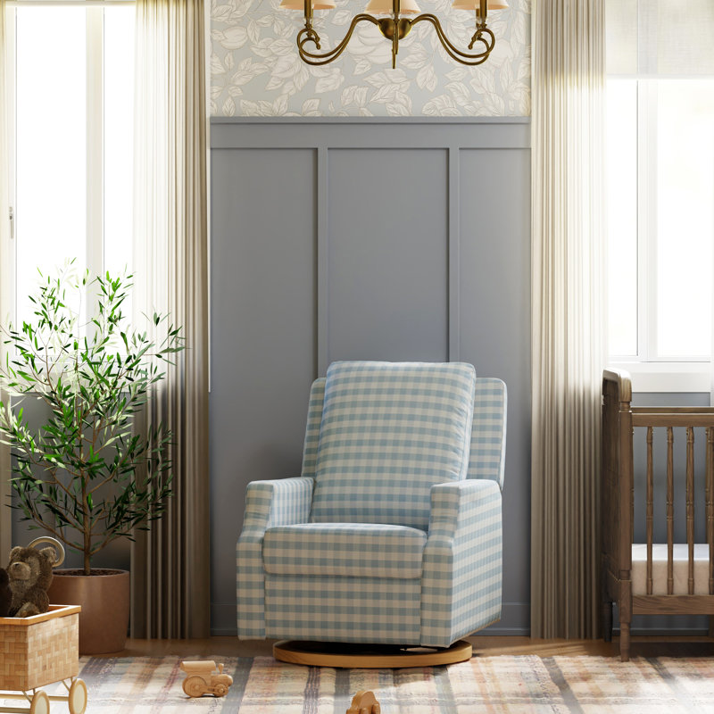 Crewe Recliner and Swivel Glider, Blue Gingham Polyester Blend
