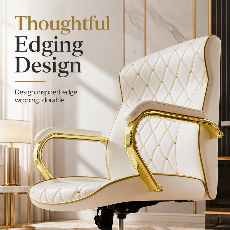 White and Gold Mid-Back Vintage Executive Desk Chair, Embroidered Soft Leather, Padded Arms, Swivel with Wheels, Height Adjustable