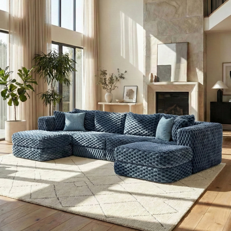 Canapés modulaires confortables avec repose-pieds mobiles, canapé en velours bleu