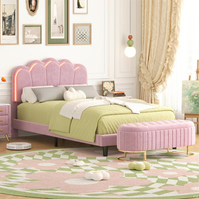 2-Pieces Bedroom Sets Upholstered LED Platform Bed With Storage Ottoman-Velvet