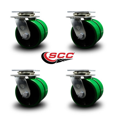 5 Inch Dual Green Poly on Cast Iron Wheels Swivel Caster Set with Roller Bearing