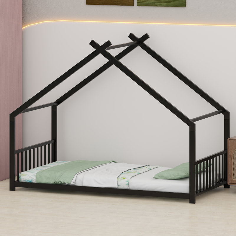 Kids Metal Bed Frame with Frame House Silhouette, Black