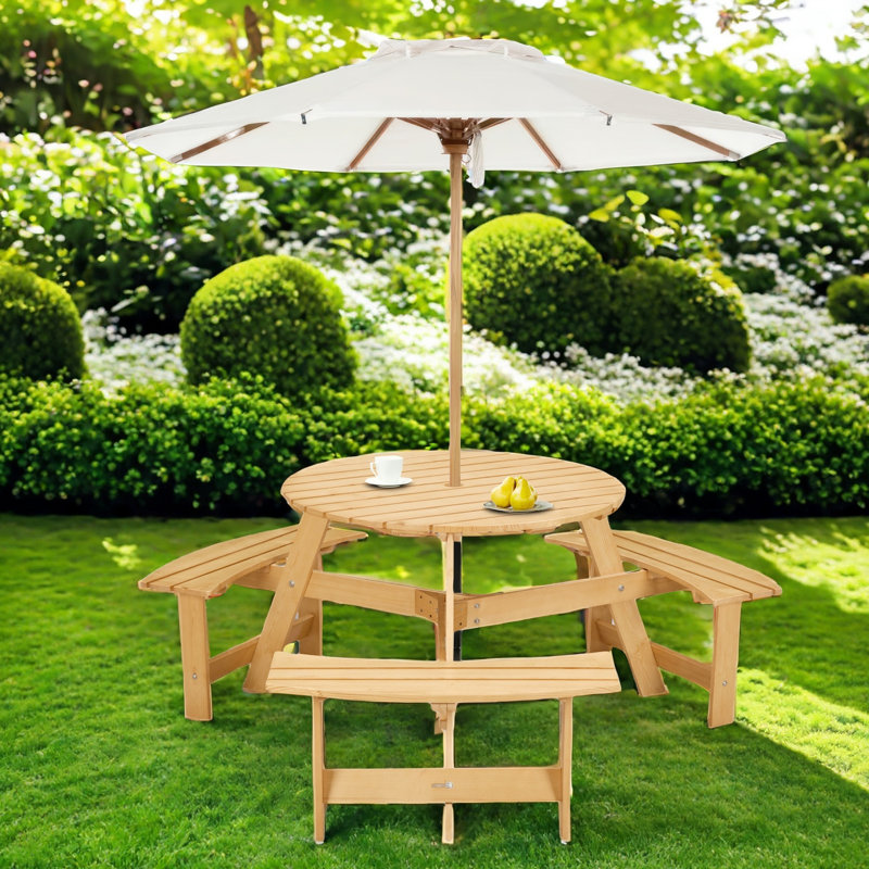 Table de pique-nique ronde pour 6 personnes avec 3 bancs intégrés et trou pour parasol Evislandys, Jaune