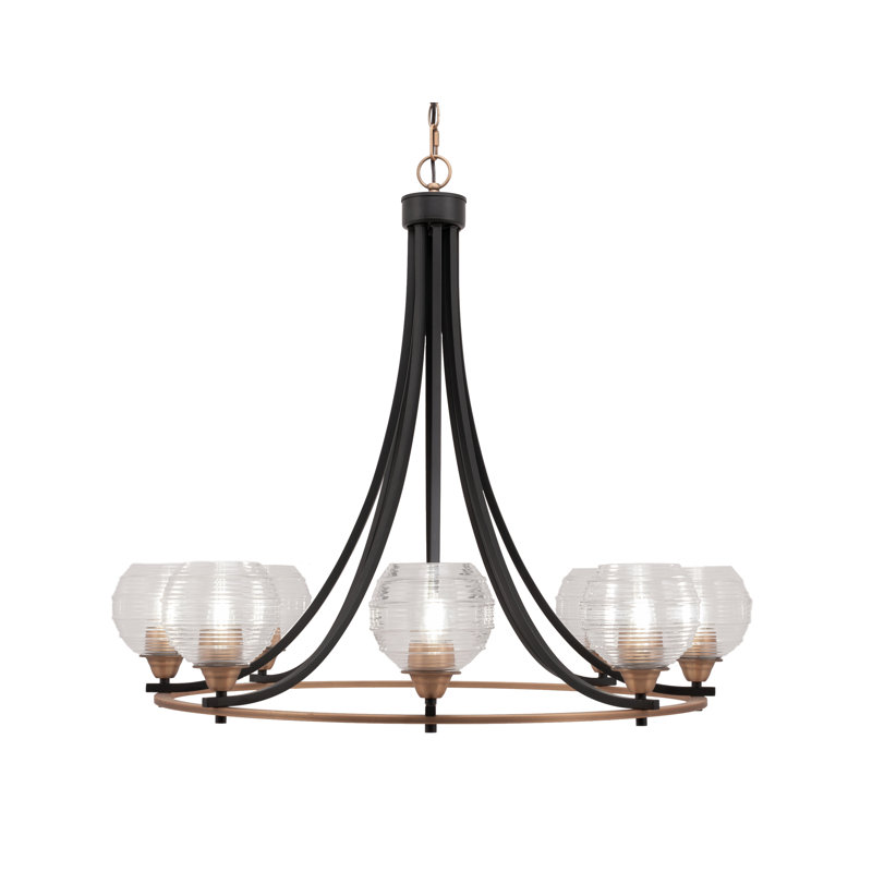 Lustre 8 lumières Renzo Paramount illustré en noir mat et laiton avec verre côtelé transparent de 6 po