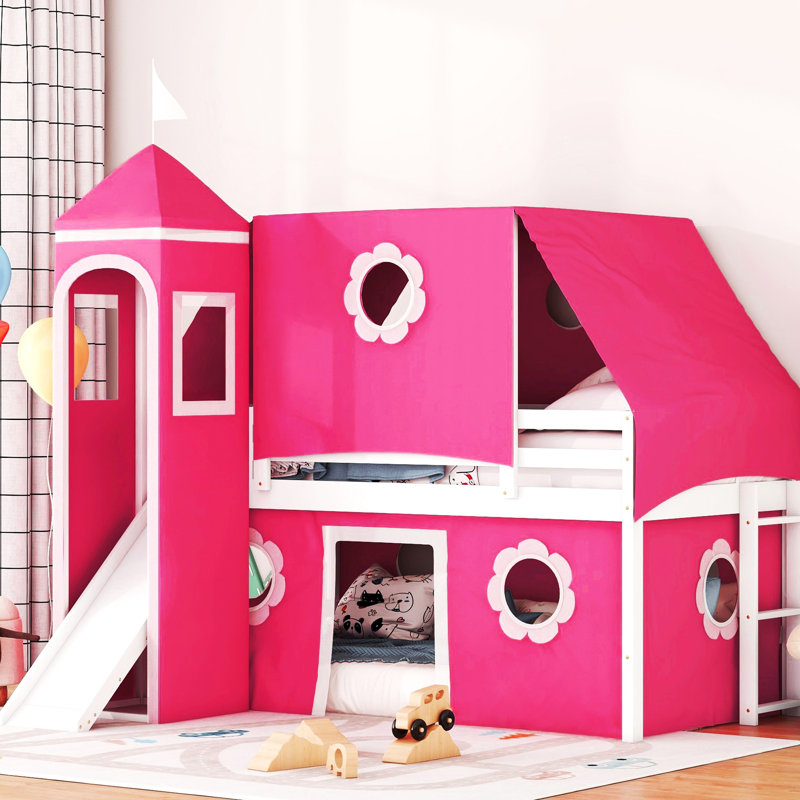 Lit mezzanine simple rose avec glissade et tour