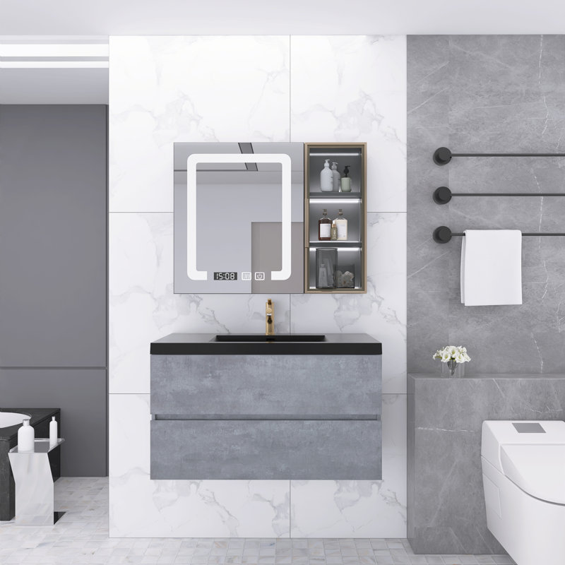 Meuble-lavabo simple 41,93 po Hyozo avec plateau en quartz