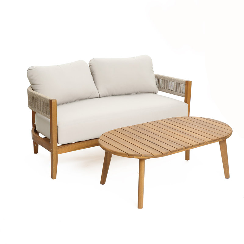 Ensemble de causeuse d'extérieur en bois d'acacia avec côtés en corde avec coussins et table basse