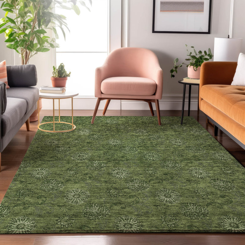 Premium Machine Washable Prisco Olive Rug, Rectangle 5' x 7'6"