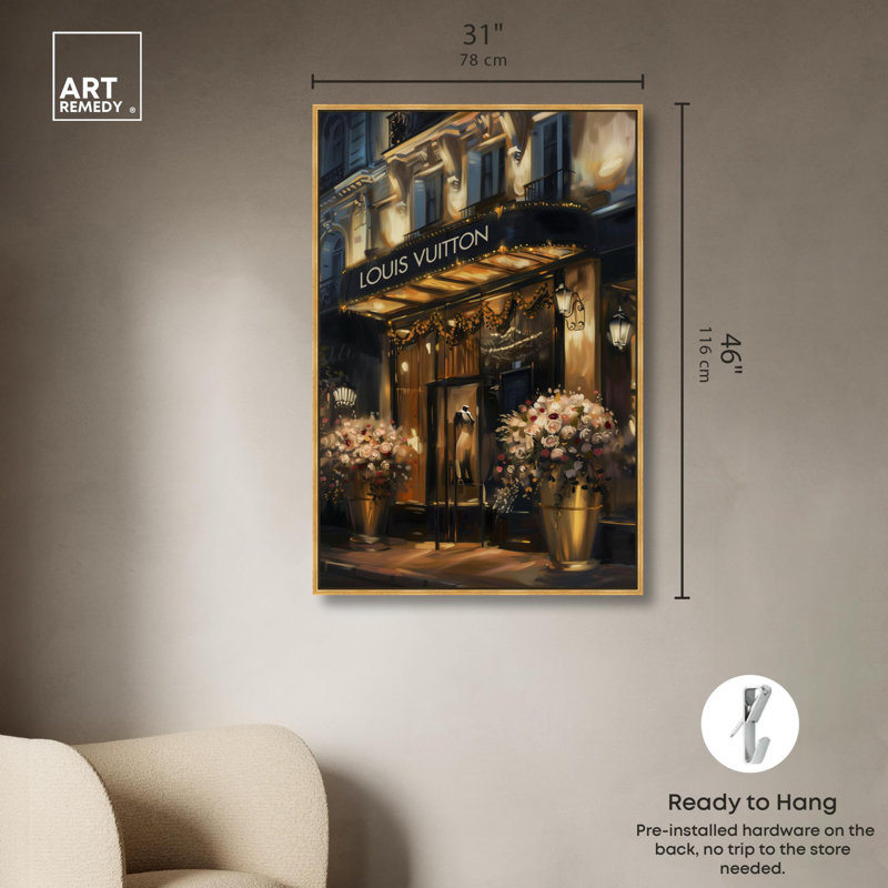 «Elegant Night Storefront» par Art Remedy, H 46 po x l 31 po, Reproduction encadrée sans passe-partout, Doré