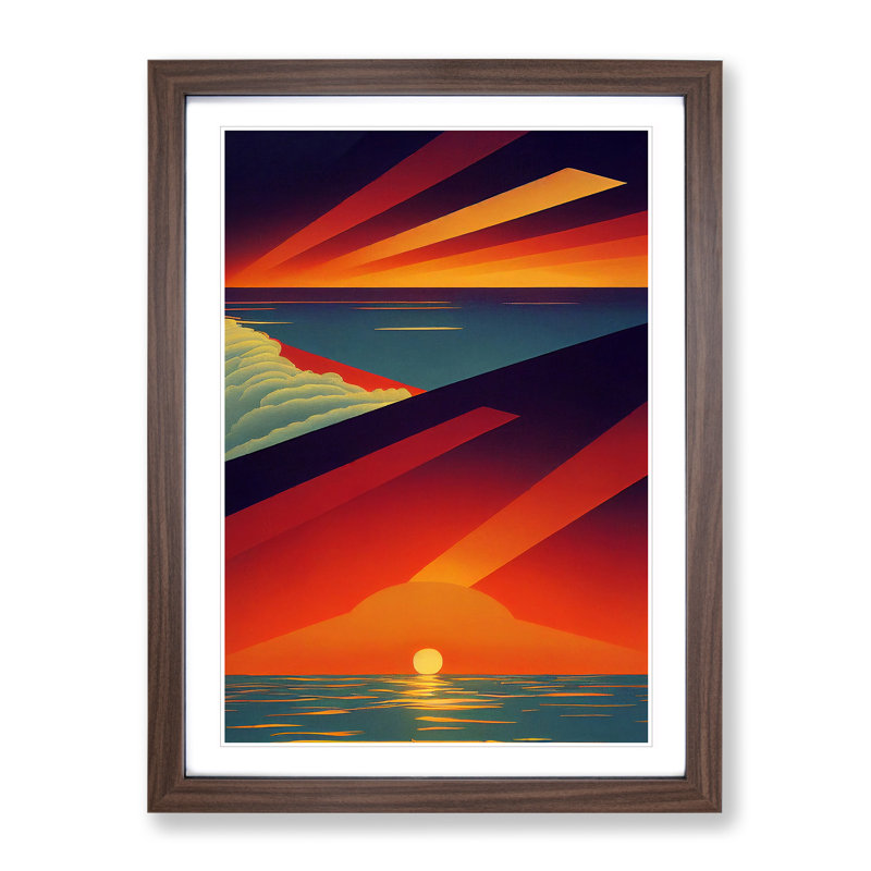 Vivid Abstract Ocean Sunset - Wall Art, 36cm H x 27cm W, Walnut Framed, White