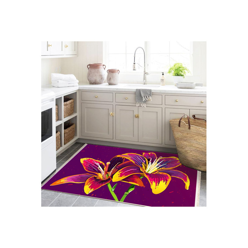 Tapis décoratif à motif floral lys mauve et jaune, Tapis de couloir 3 pi 3 po x 6 pi 7 po inclus