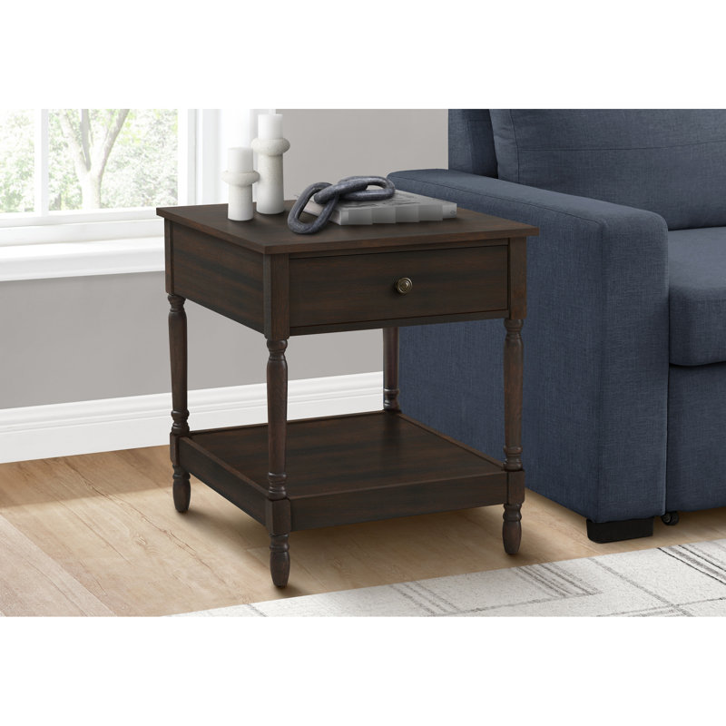 Table d'appoint de 25 pouces de hauteur avec placage brun et rangement pour le salon, finition en noyer, rangement à 2 niveaux, chambre à coucher convenable