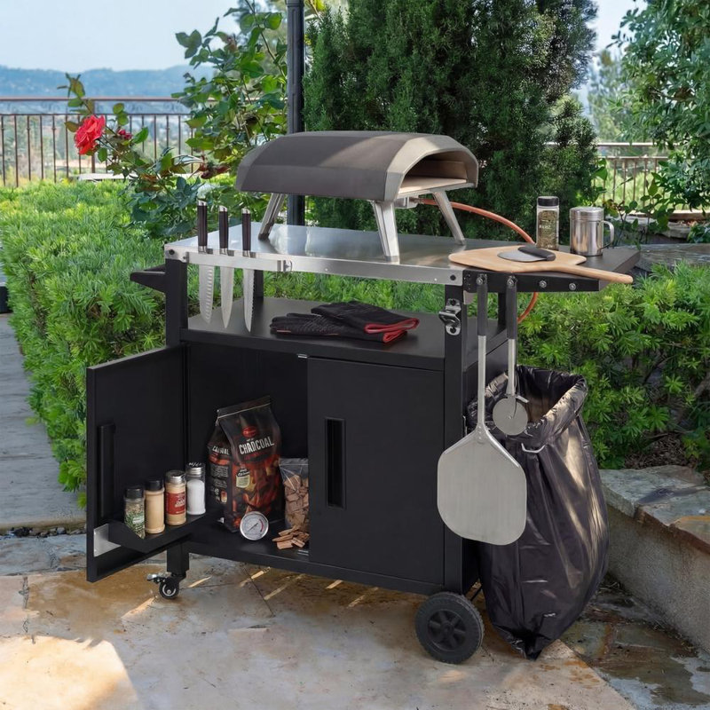 Chariot de barbecue extérieur avec armoire de rangement, table pliable