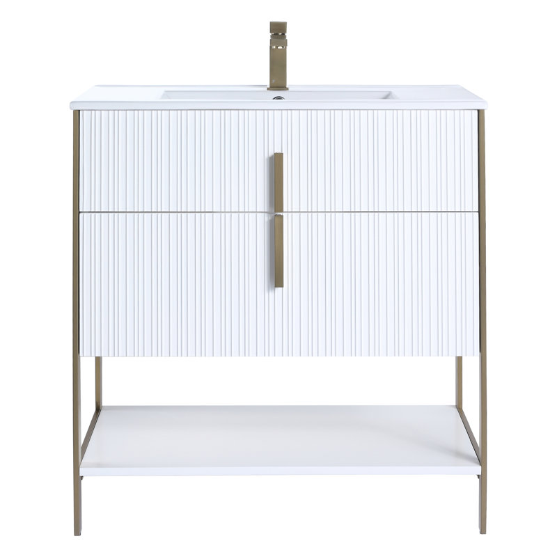  Meuble-lavabo moderne avec plateau en céramique blanche Serenity, 30", Blanc mat / laiton