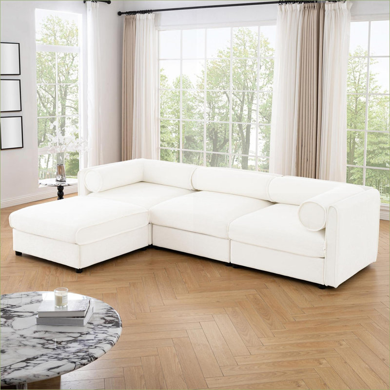 Canapés modulaires | Ensemble de salon contemporain en L à 3 places avec siège de rangement et repose-pieds | Blanc / chenille