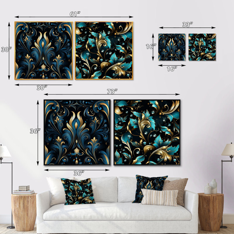 Motif de fleurs bleues et dorées de luxe III - ensemble de collage carré abstrait botaniques, Cadre flottant noir