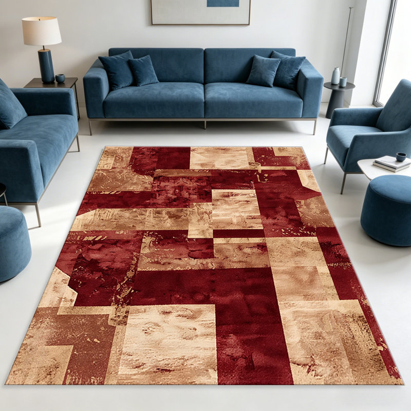 Red Abstract Blocks area rugs for Living Room, Soft and Comfortable, Suitable for all seasons, easy to maintain, machine washable Indoor floor mat, Under Table Farmhouse suitable for Bedroom, Dining Room, Study, Patio, Balcony, Home Decor