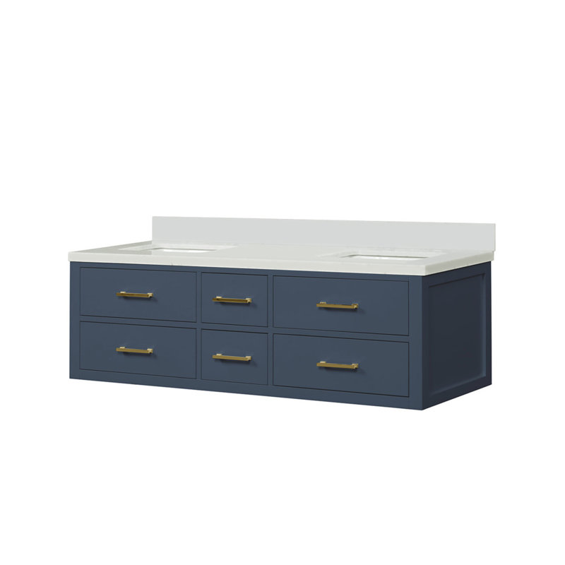 Meuble-lavabo double 60 po bleu X P 22 po D, avec plateau en quartz blanc