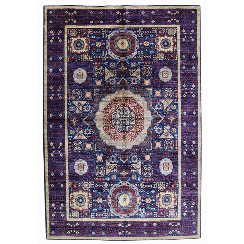 Tapis bleu marine de haute qualité noué à la main, Rectangle 7 pi 1 po x 8 pi 10 po
