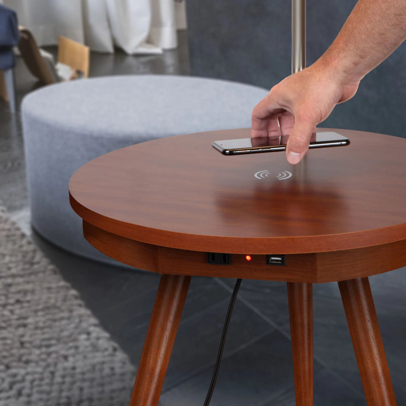 Owen 56 in. Mid-Century Modern LED Bedside Table Lamp with USB Port and Wireless Charging Pad, Brown