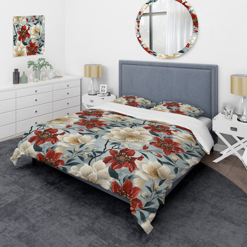 Ensemble de housse de couette à motif floral orchidées rouges et blanches, Housse de couette simple + 1 taie décorative stan