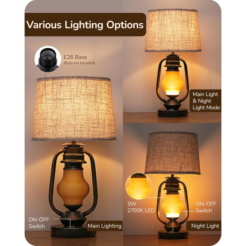 Rustic Black and Gold 21.65" Table Lamp Set with Linen Shade