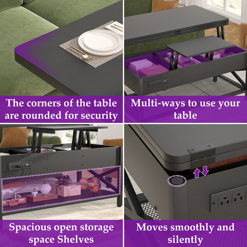 Kristien Lift Top Coffee Table with LED strip,End Table with 2 -Tier Storage shelves for Living Room