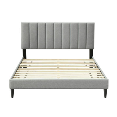 Très grand lit fusionné dans une boîte - Tête de lit tapissier gris, Meublé, Tissu