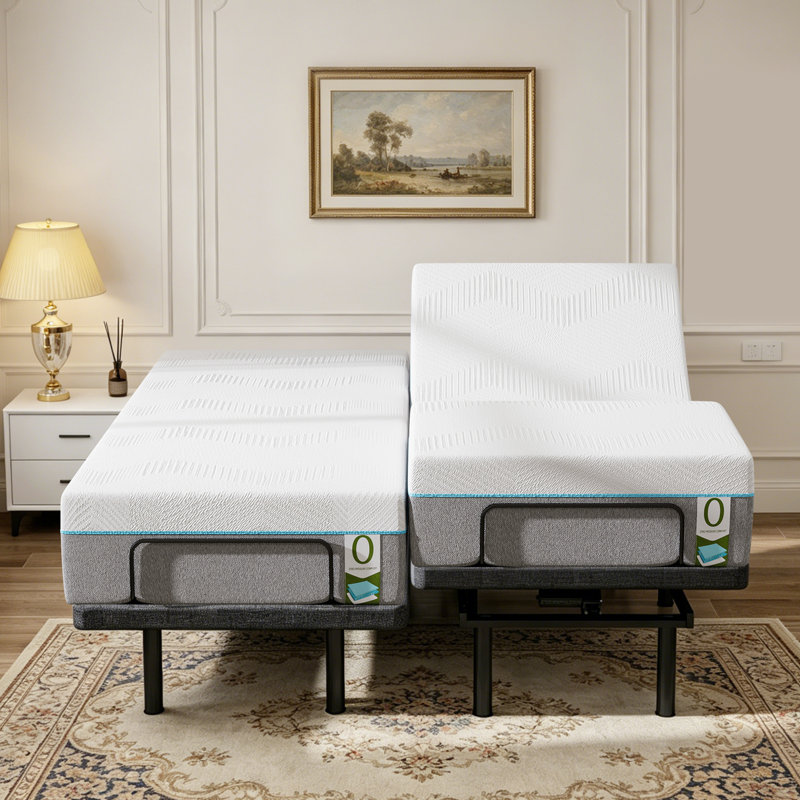 Ensemble de lit réglable Cyrielle + matelas en mousse viscoélastique imprégnée de gel rafraîchissant de 12 po - lit électrique à gravité zéro avec télécommande sans fil, inclinaison de la tête / du pied, lumière DEL, ferme moyenne sans fibre de verre
