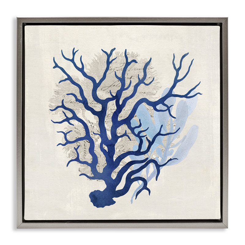 "Blue Coral Branches", art mural encadré par Susan Arnot, Cadre flottant gris lustré, H 25 po x l 25 po