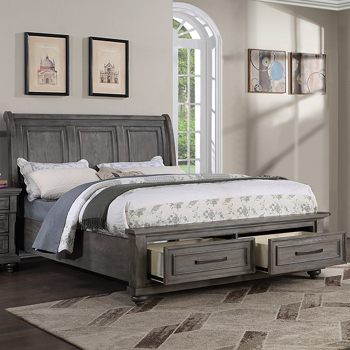 August Grove® Sleigh Storage Bed With 2 Underbed Drawers In Antique ...