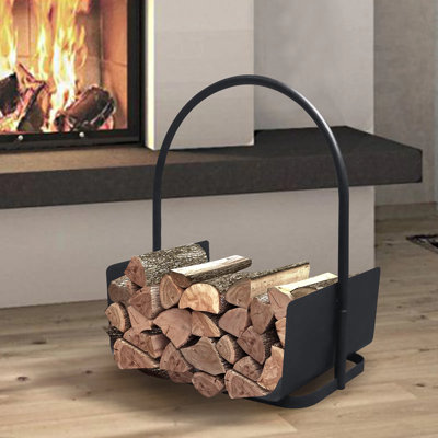 Panier à bûches portatif avec poignées, rangement pour porte-bûches en fer noir, support à bois intérieur / extérieur facile à assembler