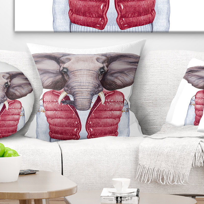 Éléphant en gilet et chandail - coussin imprimé animal, 18 po x 18 po, Coussin décoratif