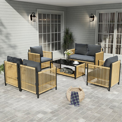 Modern 6 Patio With Cushions - Handwoven, Metal Construction, To Water & In Brown Exquisite Design, Support, Water- Proof
