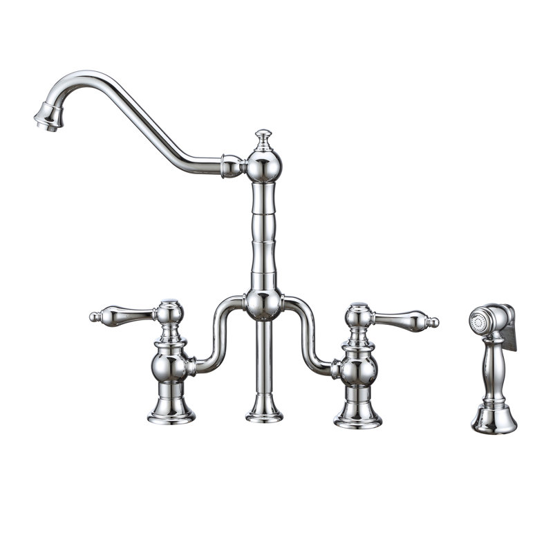 Whitehaus Bridge Faucet with Long Traditional Swivel Spout, Solid Side Spray, Polished Chrome, Lever Handle