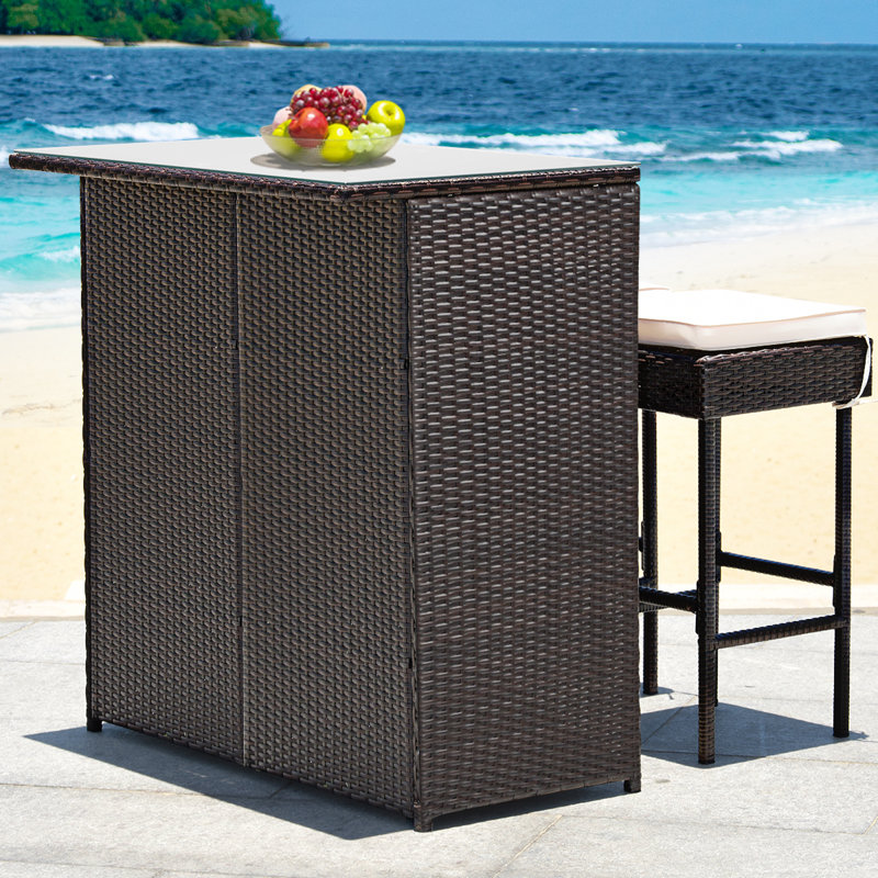 3PCS Patio Wicker Rattan Bar Set Table w/2 Turquoise Cushioned Stools, White, 41.5"H x 40"W x 24"D