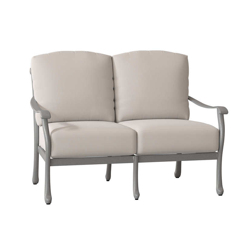 Casa 53.25'' Wide Aluminum Loveseat with Cushions, Textured Black, Canvas Bird's Eye Sunbrella® Canvas