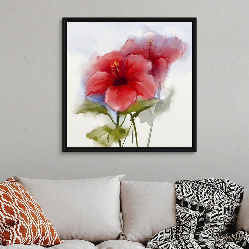 Aquarelle sur toile, fleur d'hibiscus rouge, Toile encadrée noire, H 36 po x l 36 po x P 1,75 po