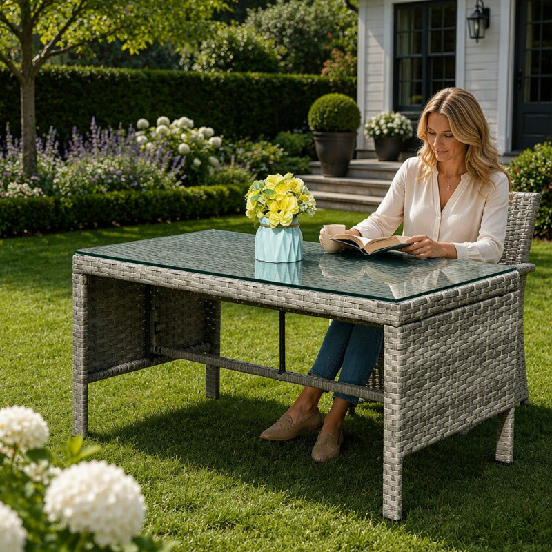 Table basse d'extérieur durable avec verre trempé transparent, idéale pour les espaces extérieurs modernes et élégants, Gris