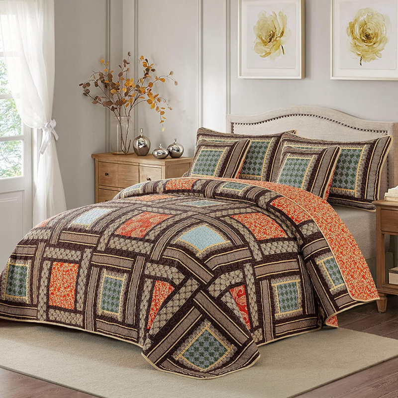 Ensemble de courtepointe en patchwork 100% coton HoneiLife, Doré, Grand lit