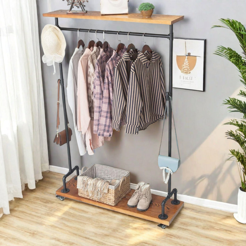 Portant à vêtements 39 po en bois industriel (support à vêtements à 2 niveaux)