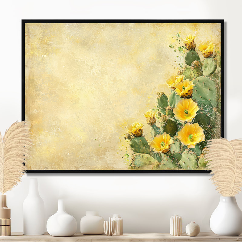 Lueur dorée du champ de cactus II - impression de cactus floral, H 24 po x l 32 po, Noir